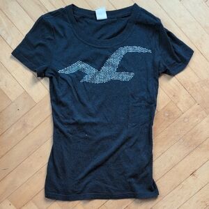 Hollister Navy T-Shirt with Rhinestone Bird Design